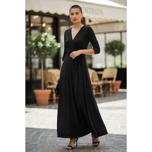 Ella Samani Black‎ V-Neck Wrap Maxi Dress 3/4 Sleeve Size Large Made in USA 2838
